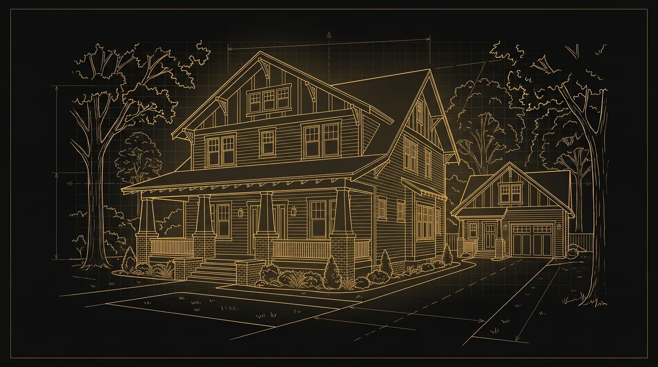 Illustration: gold line drawing of a craftsman-style house with a wide porch and detached garage, drawn like a blueprint.