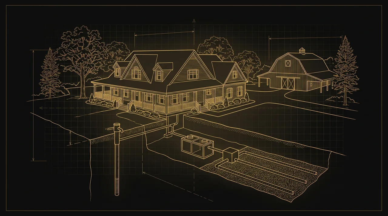 Illustration: gold line drawing of a country home with a barn, well and septic system cut away below the lawn.