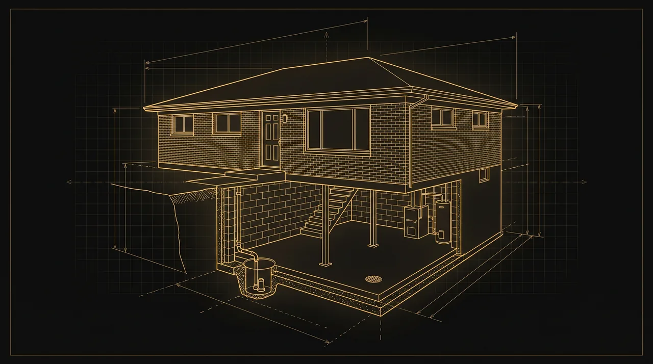 Illustration: cutaway line drawing of a brick raised ranch showing the basement, sump pit and utilities, drawn like a blueprint.