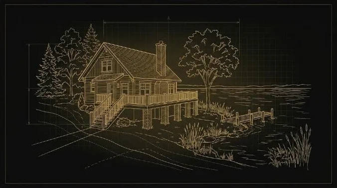 Illustration: gold line drawing of a lake cabin on stilts with a dock and reeds on the shore of Lake Erie.