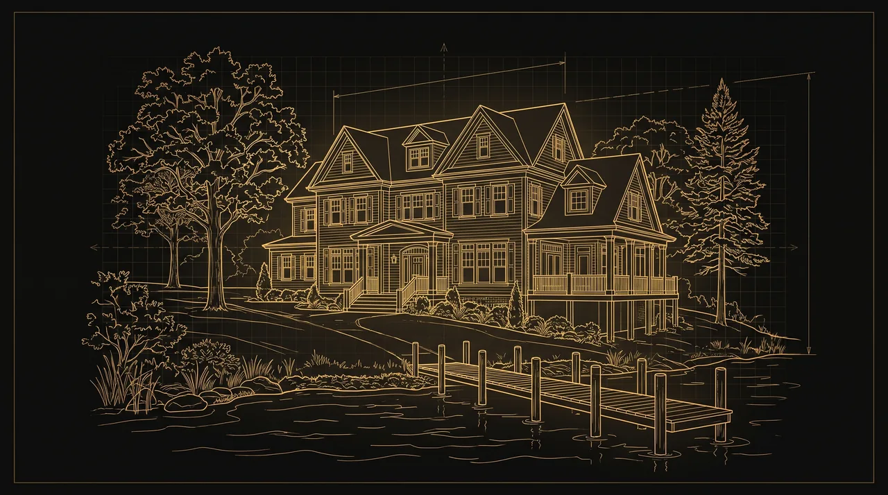 Illustration: gold line drawing of a large lakefront home with a dock, trees and shoreline, drawn like a blueprint.