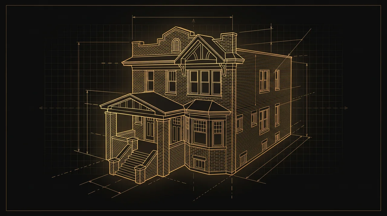 Illustration: gold line drawing of a Detroit-style brick two-story house with a bay window and front porch, drawn like a blueprint.
