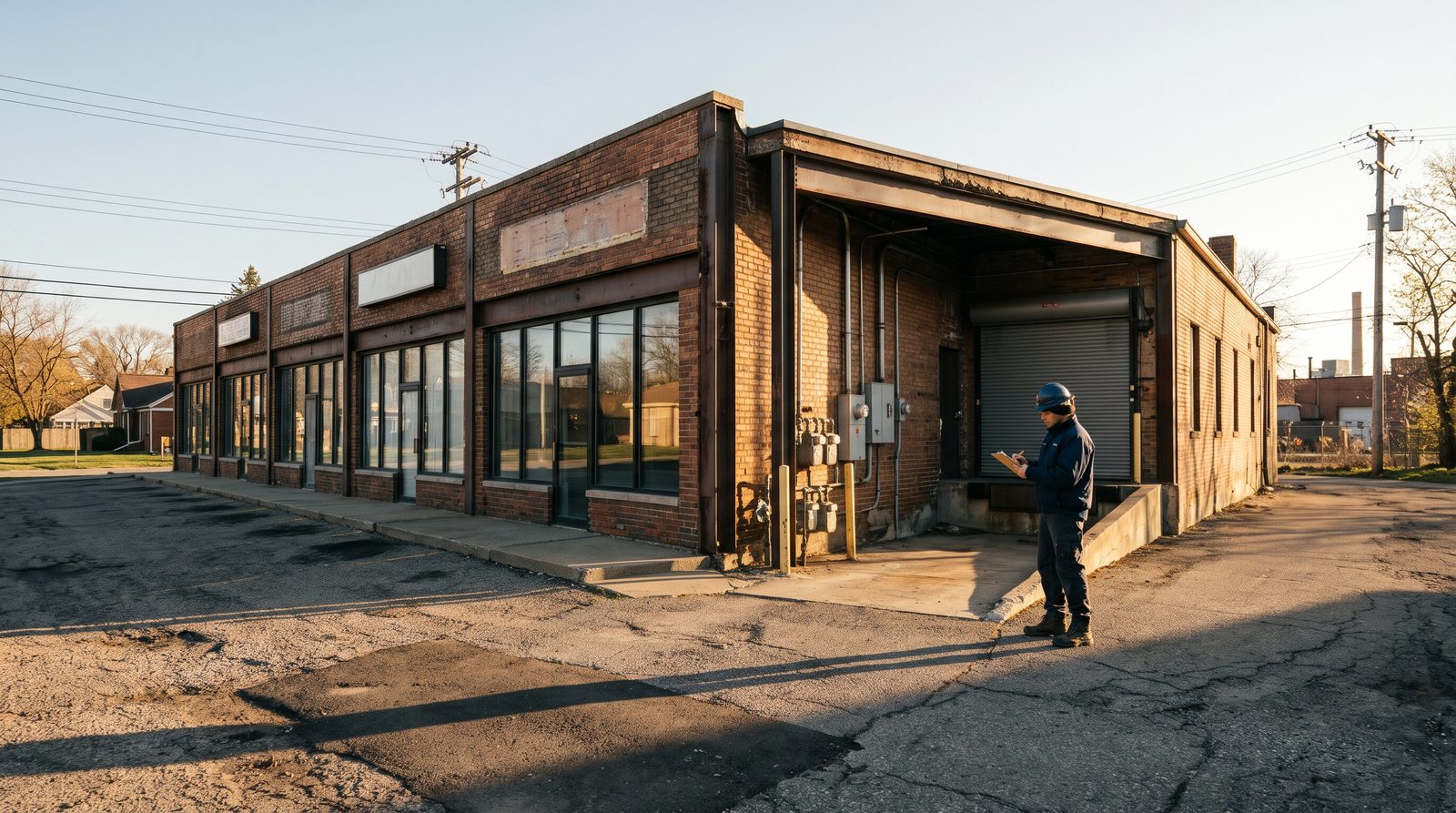 Commercial building at dusk, the kind of structure surveyed before demolition