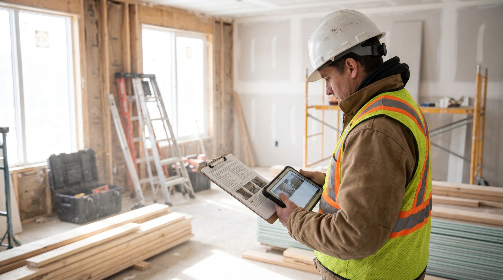 Contractor in a hard hat reviewing an inspection report on a tablet