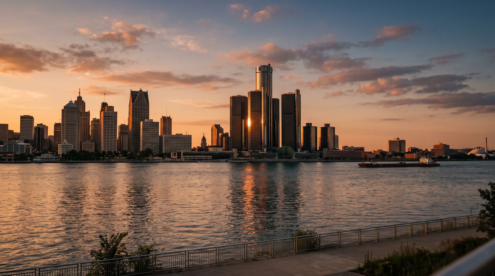 Detroit skyline at golden hour across the Detroit River