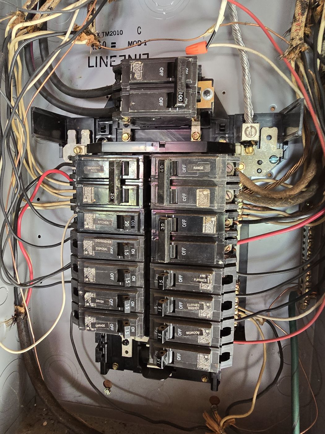Electrical panel photographed during an inspection