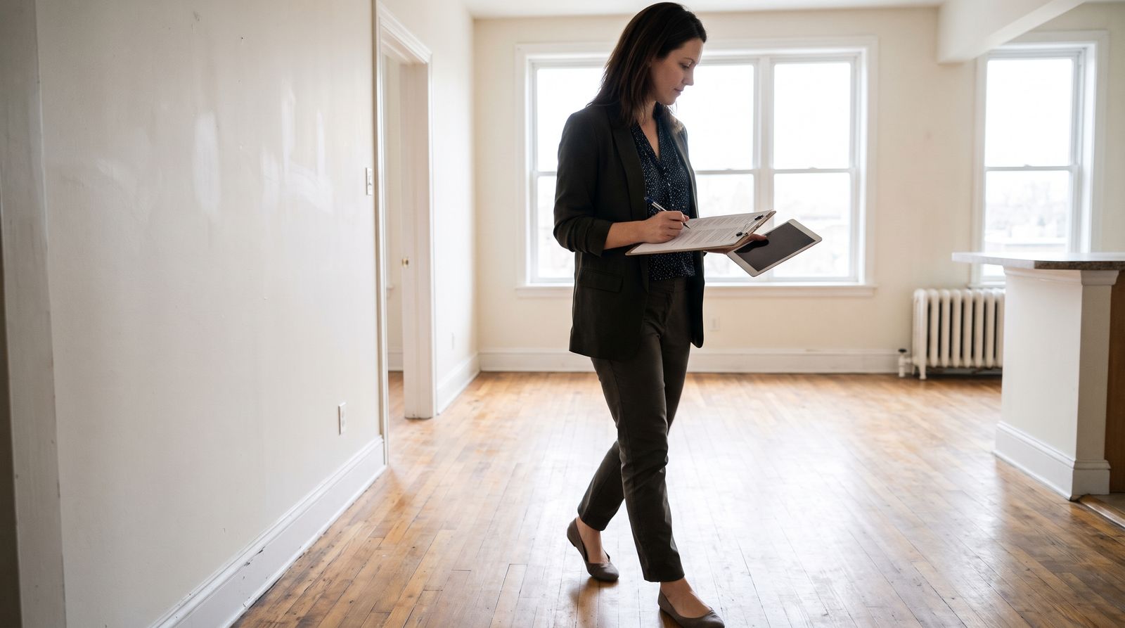 Person walking an empty renovated room with a tablet