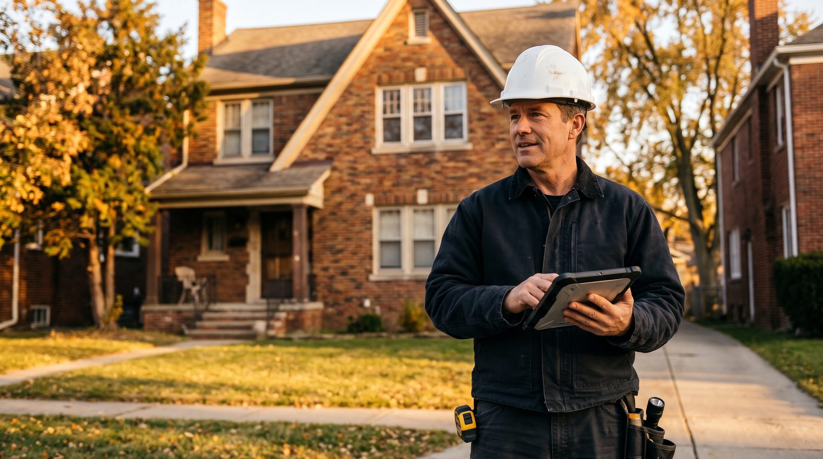 Inspector with a tablet in front of a brick home