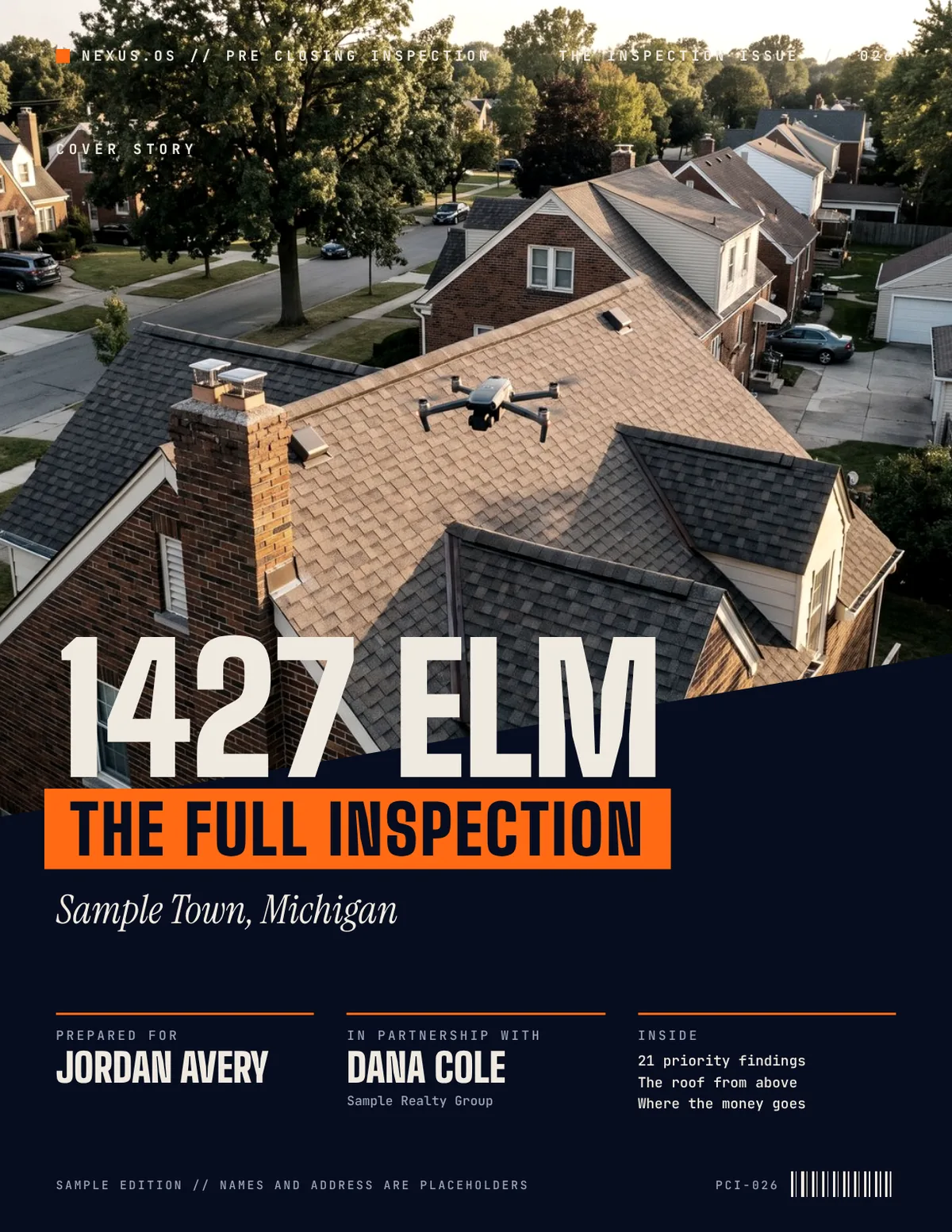 Magazine-style home inspection report cover with the property address as the headline